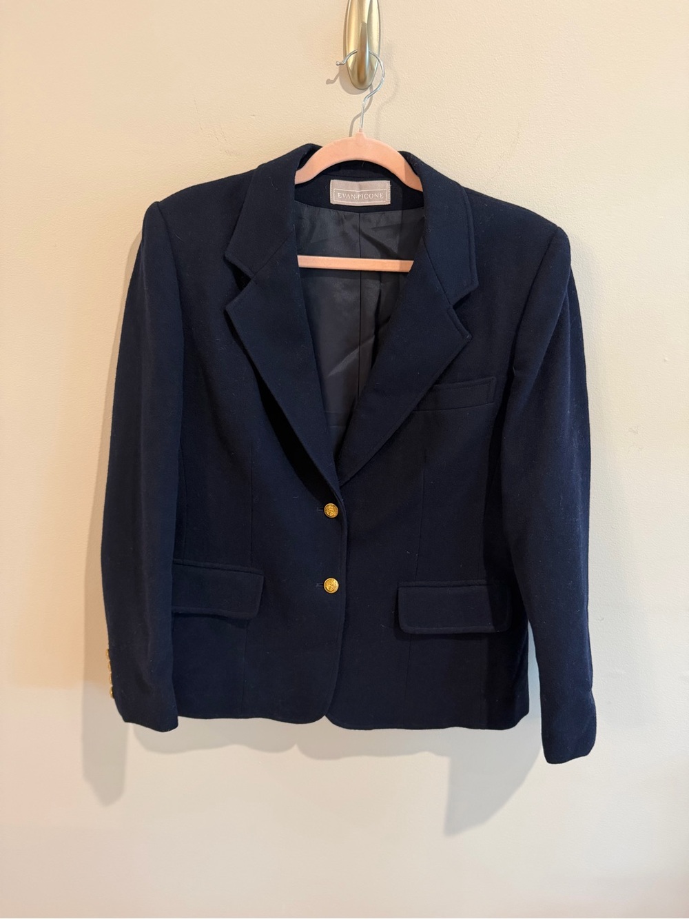 Evan Piccone Vintage Classic Navy Wool Blazer with Gold Buttons 100% Wool